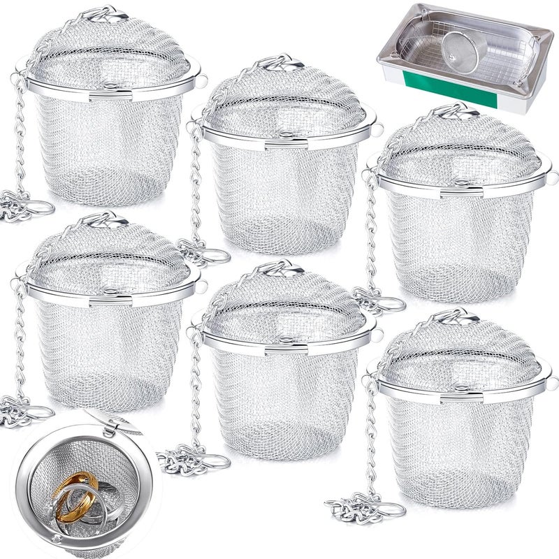 Potchen 6 Pcs Jewelry Cleaner Baskets Stainless Steel Jewelry Steam Cleaner Baskets for Watch Parts Small Items Cleaning Solution with Lock and Hook, 1.57 x 1.77 Inch(Silver) - Image 1